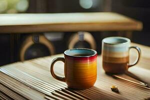 Due caffè tazze su un' di legno tavolo. ai-generato foto