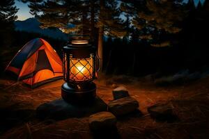 un' campeggio tenda e lanterna nel il boschi a notte. ai-generato foto