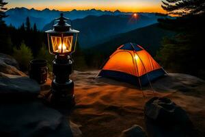 il tramonto è ambientazione al di sopra di il montagne e il fuoco di bivacco è illuminato. ai-generato foto