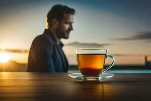 un' uomo seduta a un' tavolo con un' tazza di tè. ai-generato foto