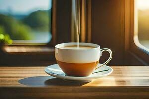 un' tazza di caffè su un' tavolo con un' Visualizza di il oceano. ai-generato foto