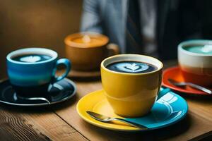 un' uomo nel un' completo da uomo si siede nel davanti di tre caffè tazze. ai-generato foto