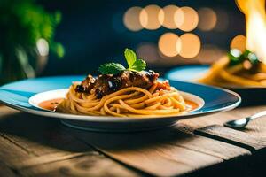 spaghetti con carne e pomodoro salsa su un' di legno tavolo. ai-generato foto
