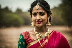 un' donna nel un' sari pose per un' ritratto. ai-generato foto