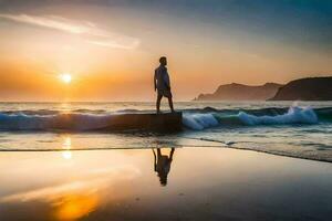 un' uomo in piedi su un' roccia a tramonto. ai-generato foto