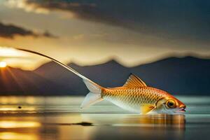 un' pesce è nuoto nel il acqua a tramonto. ai-generato foto