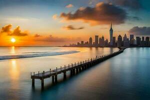 il sole imposta al di sopra di il città orizzonte nel dubai. ai-generato foto