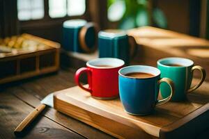 tre colorato tazze di caffè su un' di legno vassoio. ai-generato foto