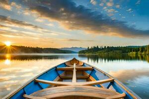 il barca è su il lago a tramonto. ai-generato foto