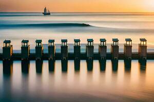 un' barca vele nel il oceano a tramonto. ai-generato foto