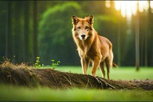 un' cane in piedi su un' log nel il mezzo di un' foresta. ai-generato foto