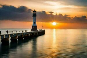 un' faro sta su un' molo a tramonto. ai-generato foto