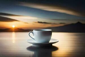 un' tazza di caffè su un' tavolo nel davanti di un' tramonto. ai-generato foto