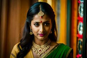 un' bellissimo indiano donna indossare un' verde sari e oro gioielleria. ai-generato foto