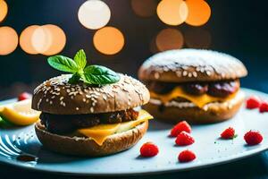 Due hamburger su un' piatto con frutti di bosco. ai-generato foto