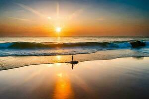 il sole sorge al di sopra di il oceano e il onde schianto in il costa. ai-generato foto