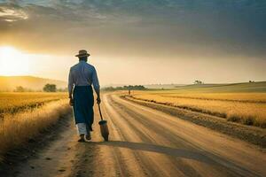 un' uomo a piedi giù un' sporco strada con un' pala. ai-generato foto