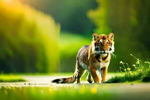 un' tigre a piedi su il strada nel il foresta. ai-generato foto