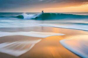 un' faro nel il oceano a tramonto. ai-generato foto