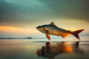 un' pesce è salto su di il acqua a tramonto. ai-generato foto