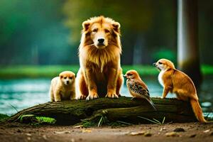un' Leone e il suo famiglia di uccelli. ai-generato foto