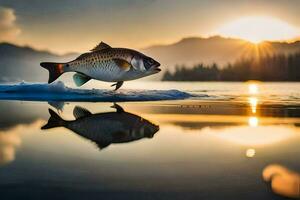 un' pesce è in piedi su il acqua a tramonto. ai-generato foto