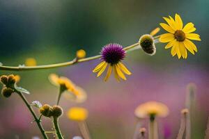 giallo fiori nel un' campo con viola e giallo fiori. ai-generato foto