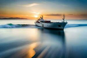 un' carico nave nel il oceano a tramonto. ai-generato foto