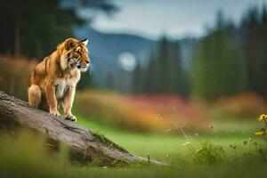 un' tigre seduta su un' log nel il mezzo di un' campo. ai-generato foto