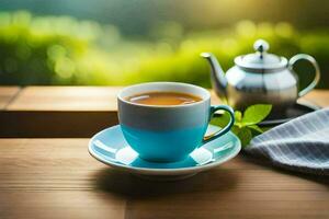 un' tazza di tè su un' di legno tavolo. ai-generato foto