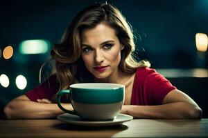 un' donna seduta a un' tavolo con un' tazza di caffè. ai-generato foto
