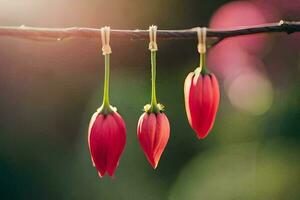 tre rosso fiori sospeso a partire dal un' ramo. ai-generato foto