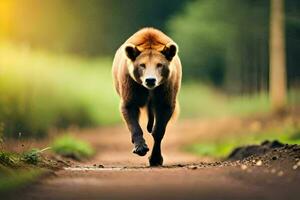 un' Marrone orso a piedi su un' sporco strada. ai-generato foto