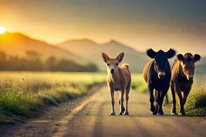 tre mucche a piedi giù un' strada a tramonto. ai-generato foto