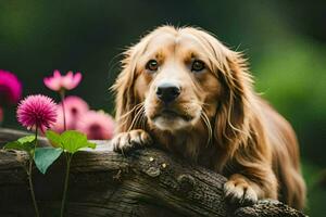 un' cane seduta su un' log con fiori nel il sfondo. ai-generato foto