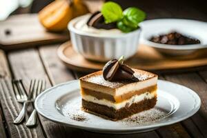 un' pezzo di torta su un' piatto con caffè e altro Oggetti. ai-generato foto