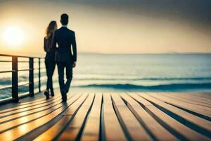 un' uomo e donna a piedi su un' molo a tramonto. ai-generato foto