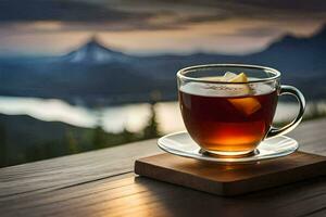 un' tazza di tè su un' di legno tavolo con un' Visualizza di montagne. ai-generato foto