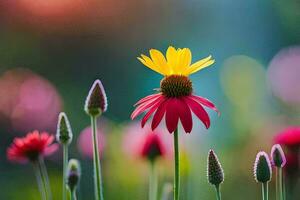 un' fiore con un' giallo centro e rosso petali. ai-generato foto