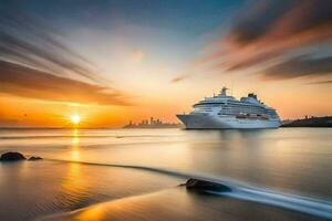 un' crociera nave nel il oceano a tramonto. ai-generato foto