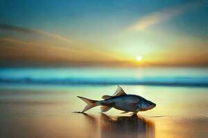 un' pesce è a piedi su il spiaggia a tramonto. ai-generato foto