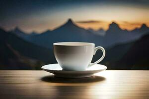 caffè tazza su un' tavolo con montagne nel il sfondo. ai-generato foto