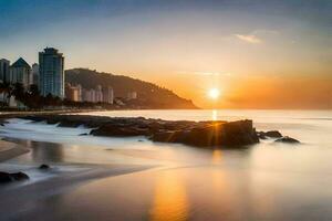 il sole imposta al di sopra di il spiaggia e edifici nel il sfondo. ai-generato foto