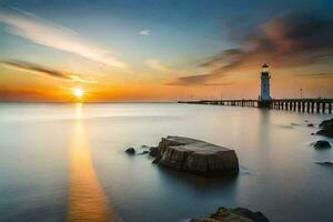 il sole imposta al di sopra di un' faro nel il oceano. ai-generato foto