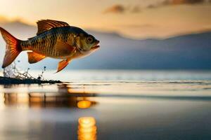 un' pesce è salto su di il acqua a tramonto. ai-generato foto