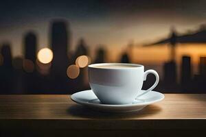 un' tazza di caffè su un' tavolo nel davanti di un' paesaggio urbano. ai-generato foto