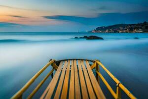 un' di legno molo nel il oceano a tramonto. ai-generato foto