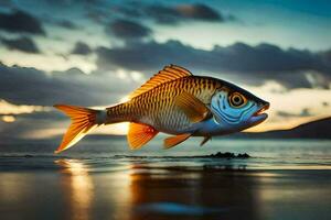 un' pesce è salto su di il acqua a tramonto. ai-generato foto