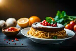 spaghetti con pomodoro salsa e fresco erbe aromatiche su un' di legno tavolo. ai-generato foto