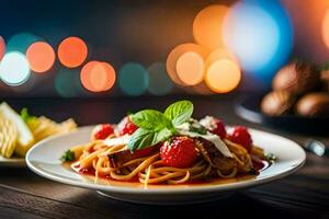 spaghetti con pomodoro salsa e formaggio su un' piatto. ai-generato foto